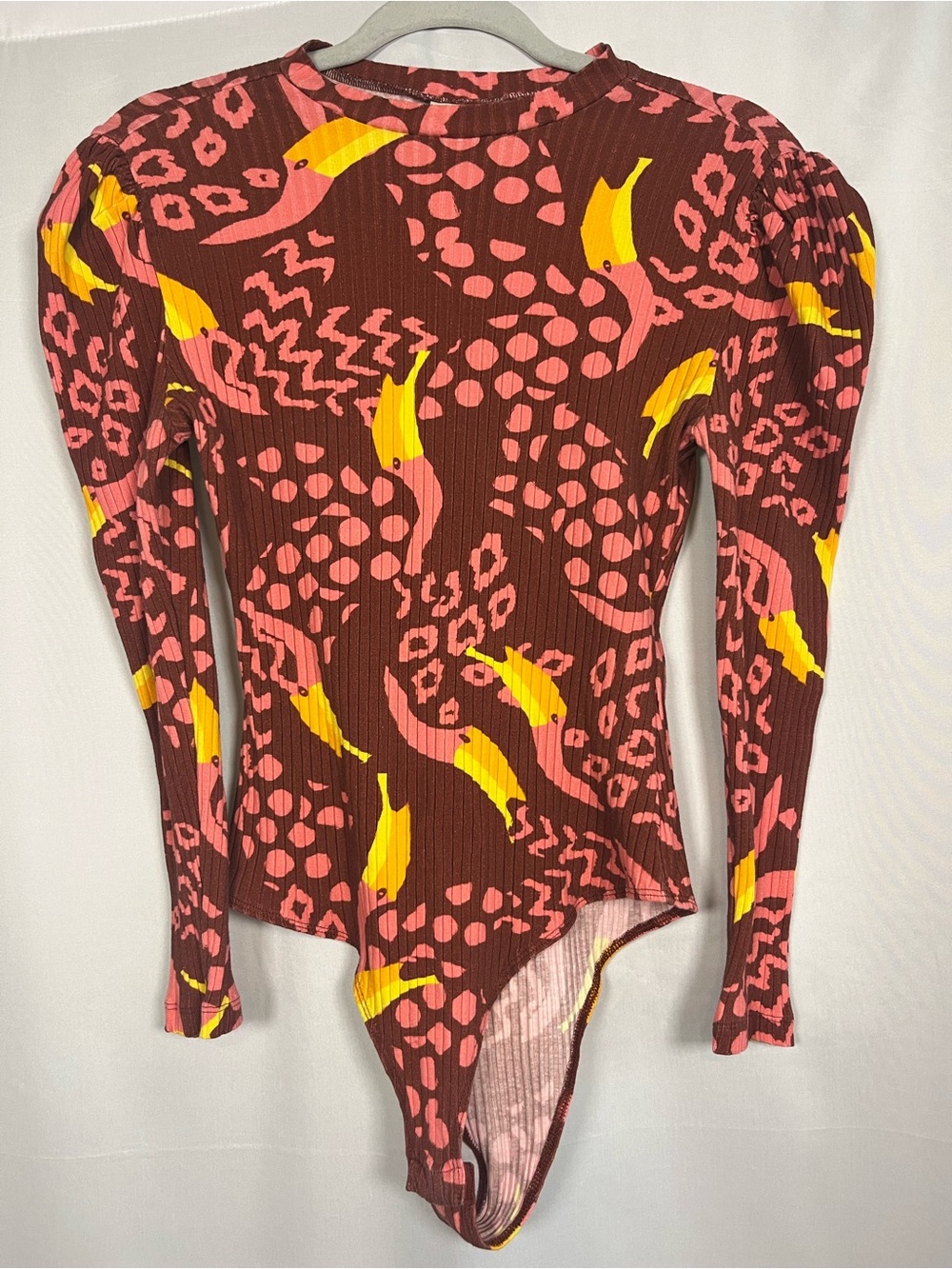 Farm Rio toucanissimo puff sleeve ribbed long sleeve bodysuit sz m - Picture 2 of 8